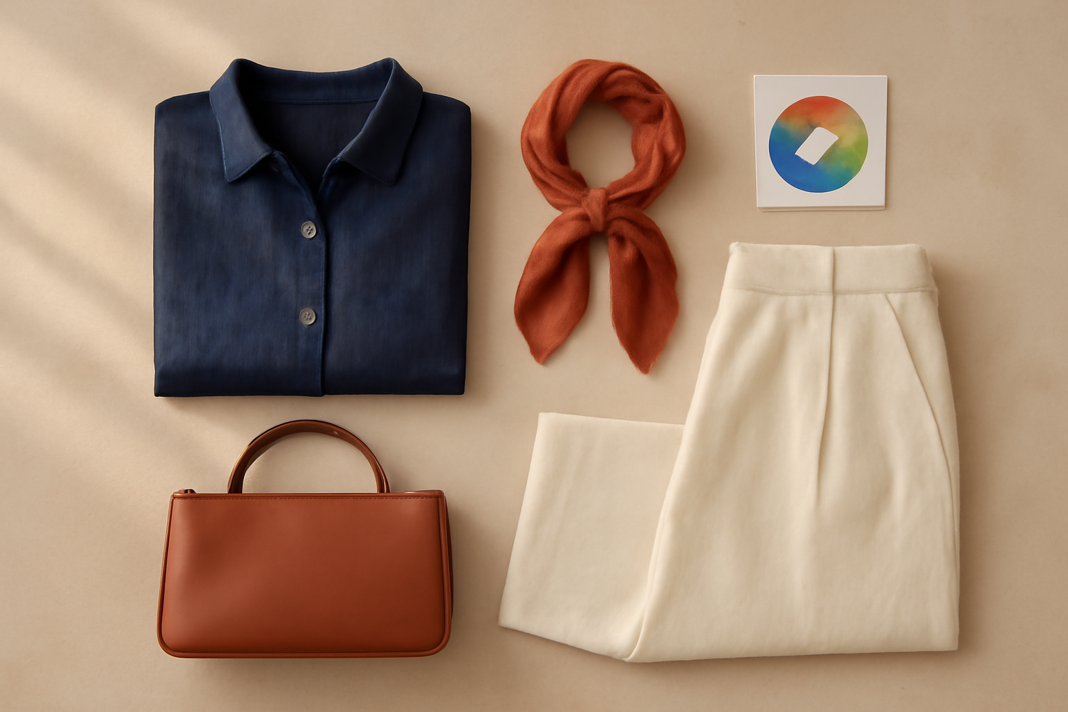 Padu padan warna outfit dengan kemeja navy, celana krem, tas cokelat, dan syal merah bata