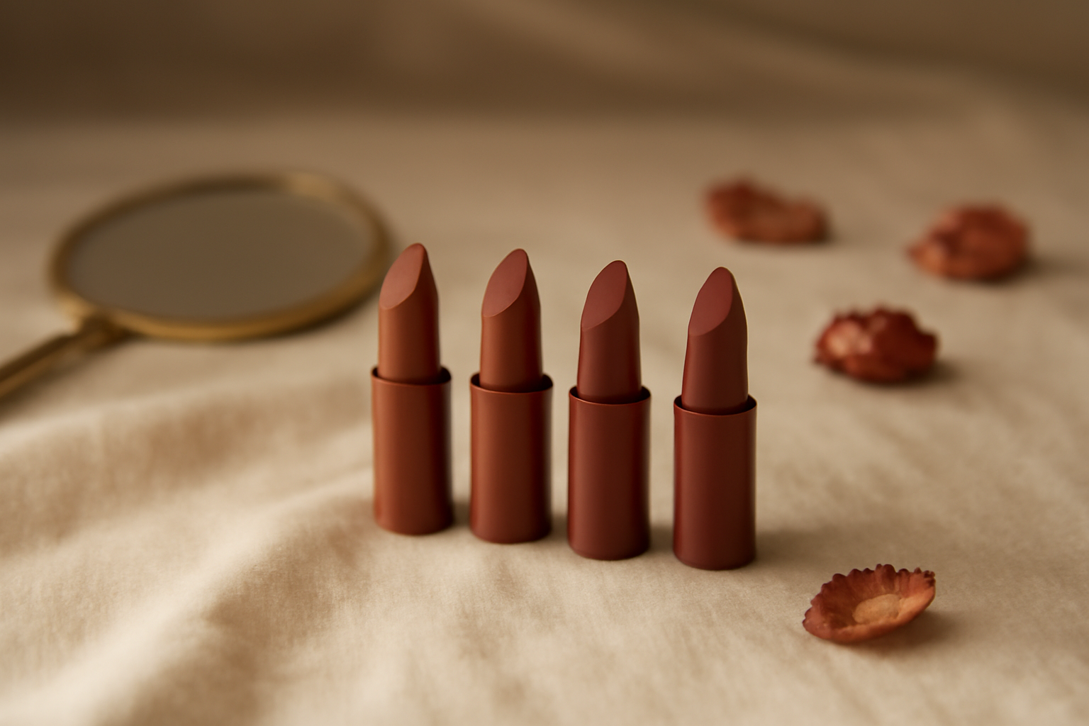 Deretan lipstik matte dan satin berbagai warna di atas kain krem untuk panduan memilih lipstik sesuai warna kulit