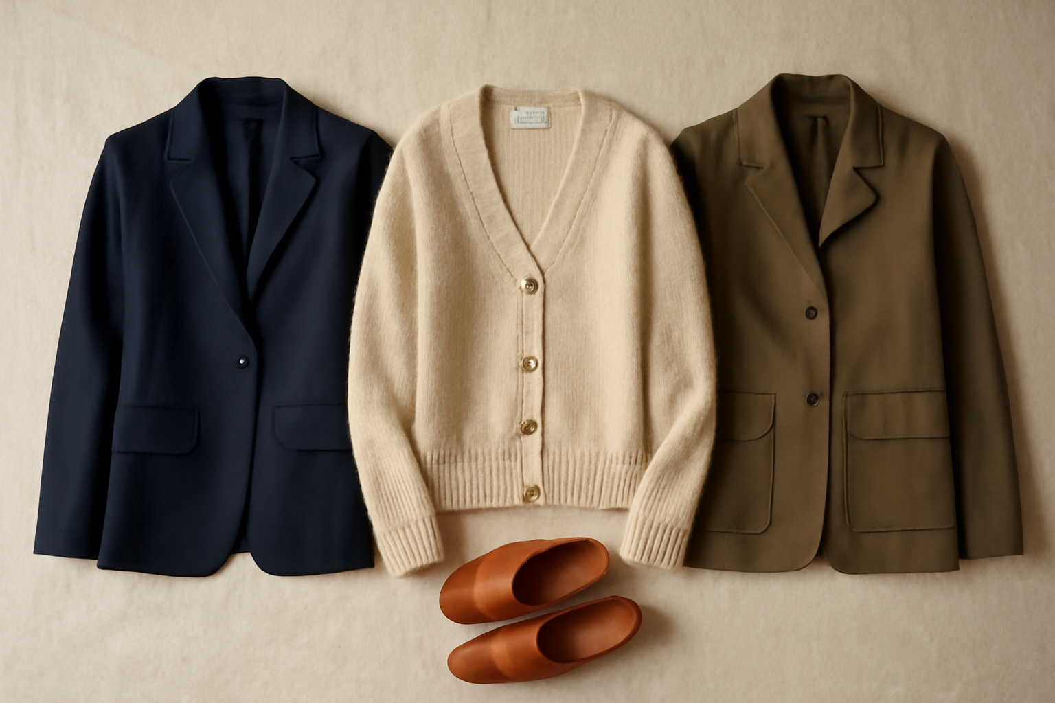 Tiga pilihan outer kerja berupa blazer navy, cardigan rajut krem, dan jaket zaitun ditata di atas kain linen