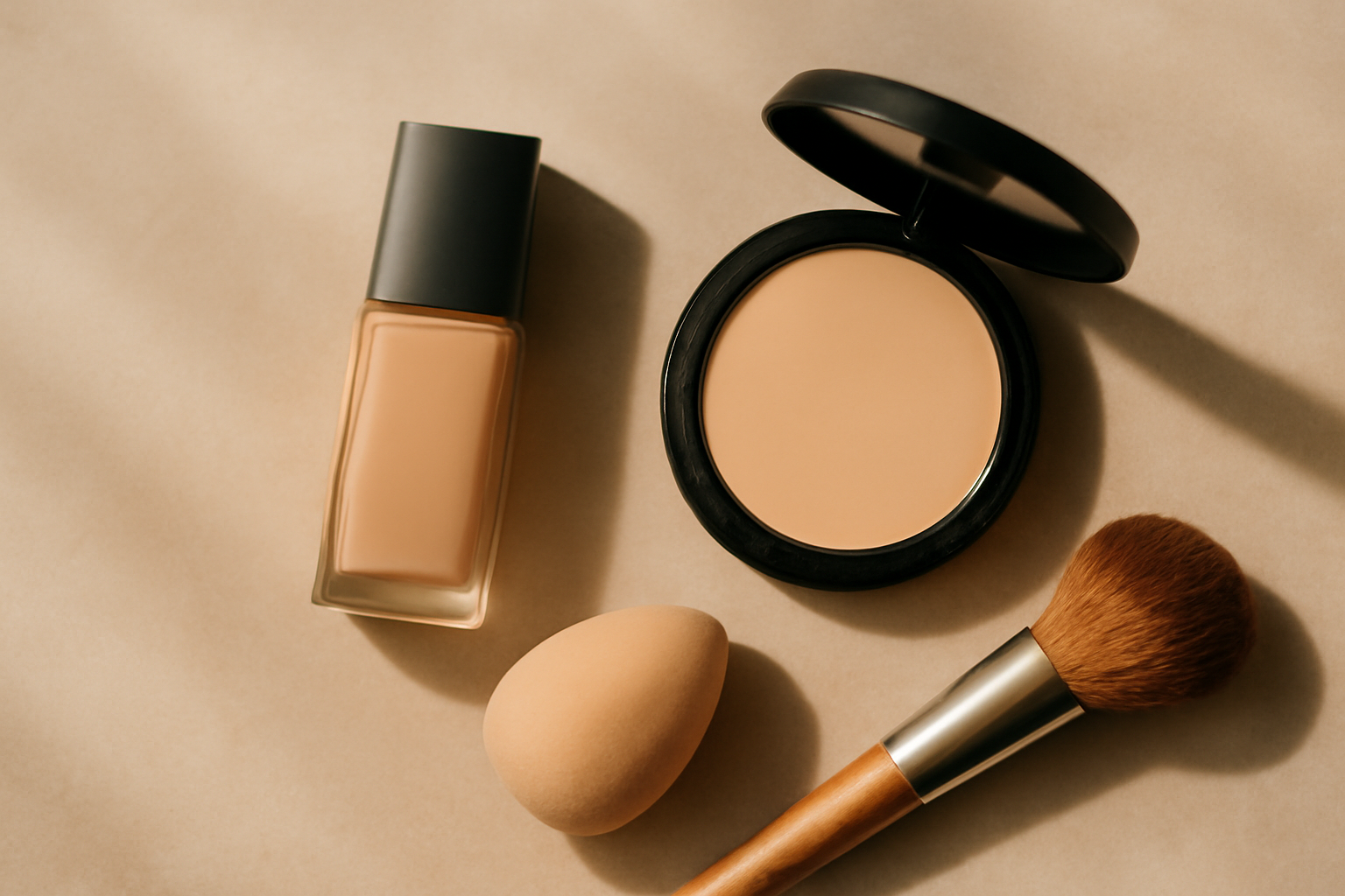 Botol foundation cair dan bedak padat dengan spons serta kuas makeup di atas meja netral