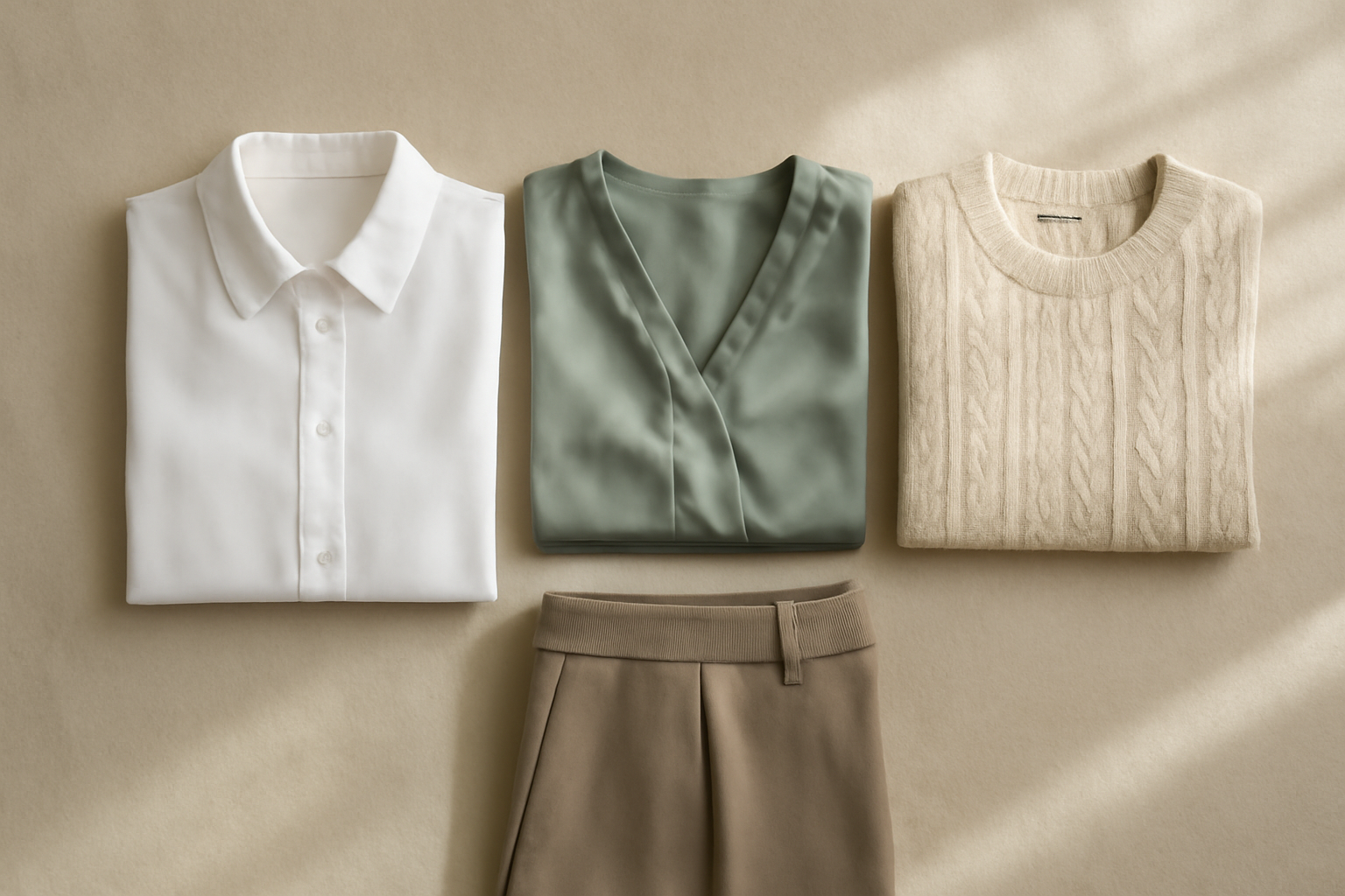 Tiga atasan kerja wanita berupa kemeja putih, blouse satin, dan knit krem ditata berdampingan